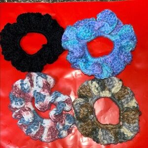 Multicolor handmade crocheted Hair Scrunchies Set of 4 black blue green brown